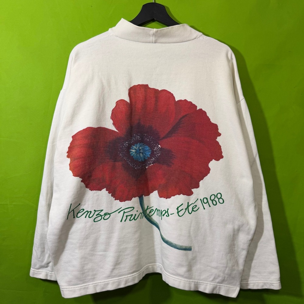 RARE WMNS Vintage 80s Kenzo 1988 Poppy Floral Mock Neck Sweatshirt White Italy